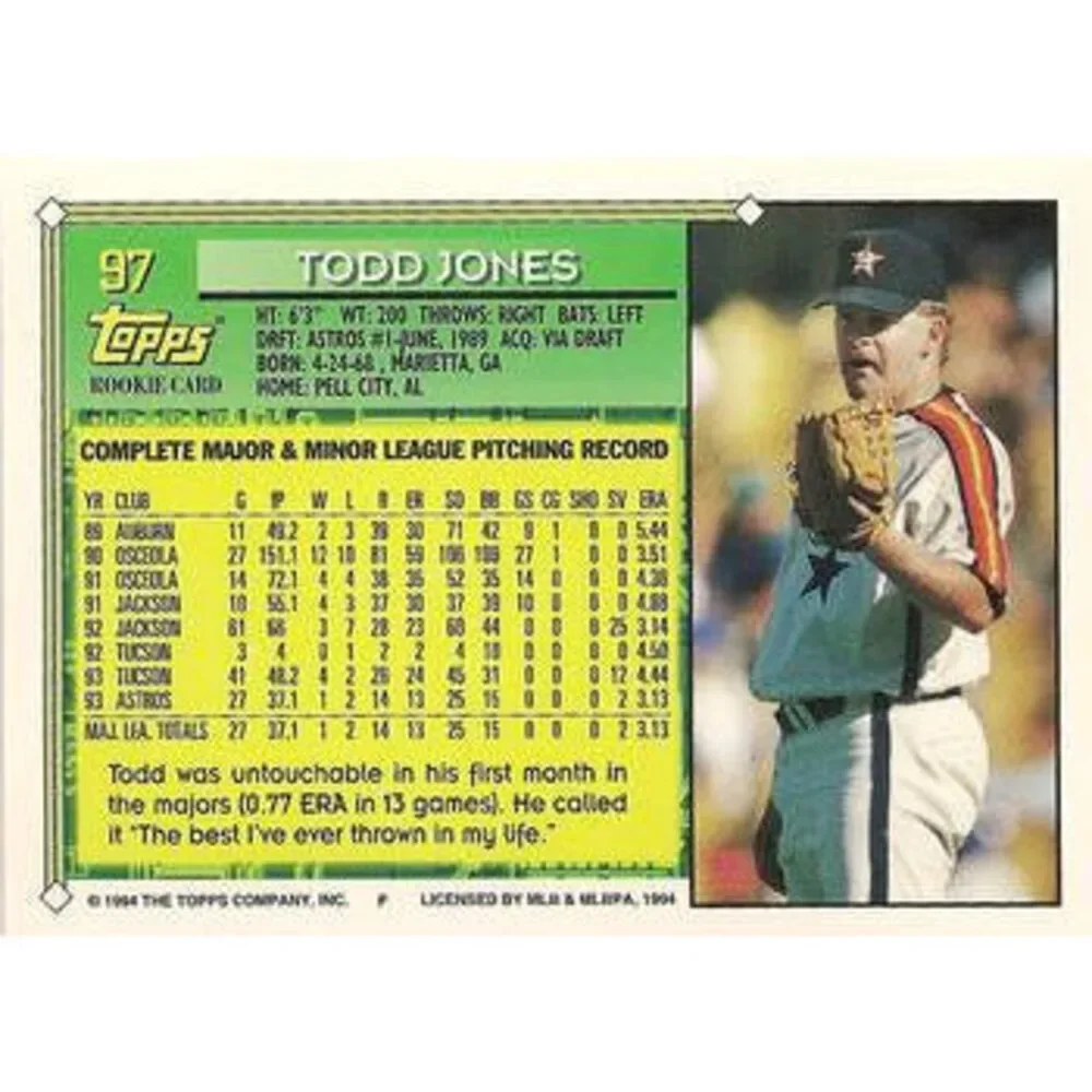 1994 Topps Todd Jones FS, RC # 97 Houston Astros